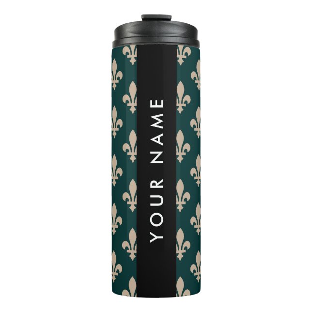Termo Fleur de Lis, beige sobre verde, real, tu nombre (Anverso)
