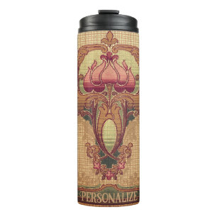 Termo Flor abstracta Art Nouveau borgoña verde rojo