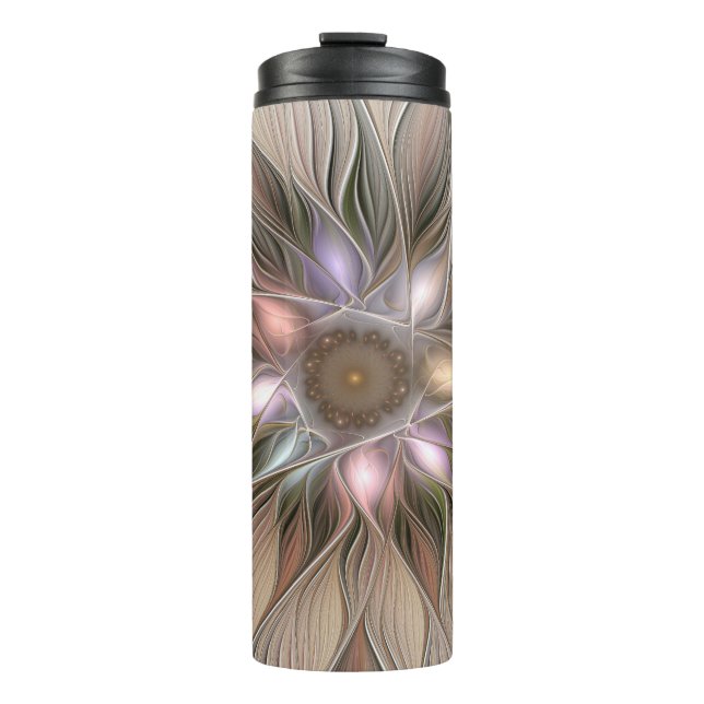 Termo Flor abstracta beige marrón alegre fractal floral (Anverso)