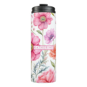 Termo Flor acuarela de nombre personalizado