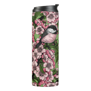 Termo Flor de cerezo y pollos en verde