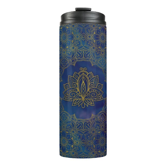 Termo Flor de Lotus elegante del oro en azul (Anverso)