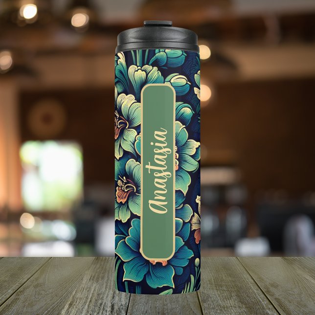 Termo Flor de mes de nacimiento julio personalizada 16 o (Personalized 20 oz Thermal Tumbler With Birth Flower Larkspur Design for the Month of July.)