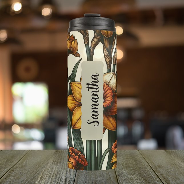 Termo Flor de parto personalizada Skinny 16 oz (Personalized 20 oz thermal tumbler with birth flower of the daffodil for the month of March)