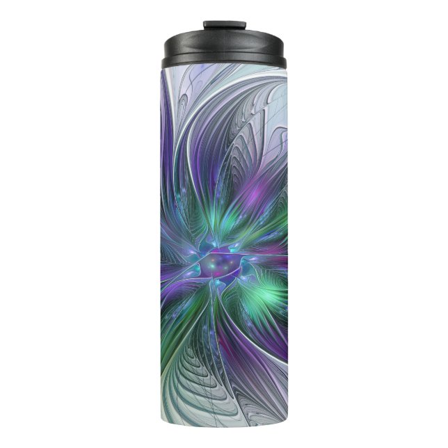 Termo Flor Moderna Abstracta Fractal Verde Púrpura (Anverso)