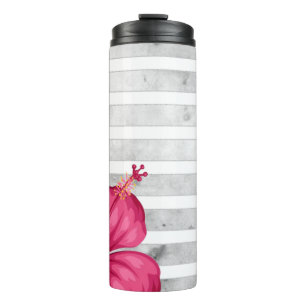 Termo Flor rosa acuarela en franja blanca y negra
