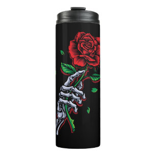 Termo Flor rosa roja de la mano del esqueleto