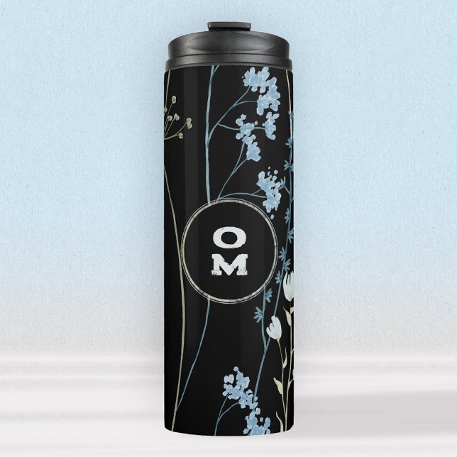 Termo Flor silvestre moderna Monograma luz negra azul (Subido por el creador)