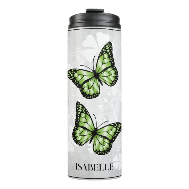 Termo Flora de mariposa verde personalizada (Anverso)