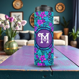 Termo Floral azul morada y Verde azulada personalizada d