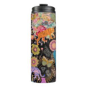 Termo Floral Boho Negro Patrón Botánico de la Naturaleza