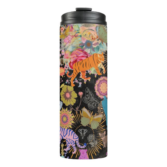 Termo Floral Boho Negro Patrón Botánico de la Naturaleza (Anverso)