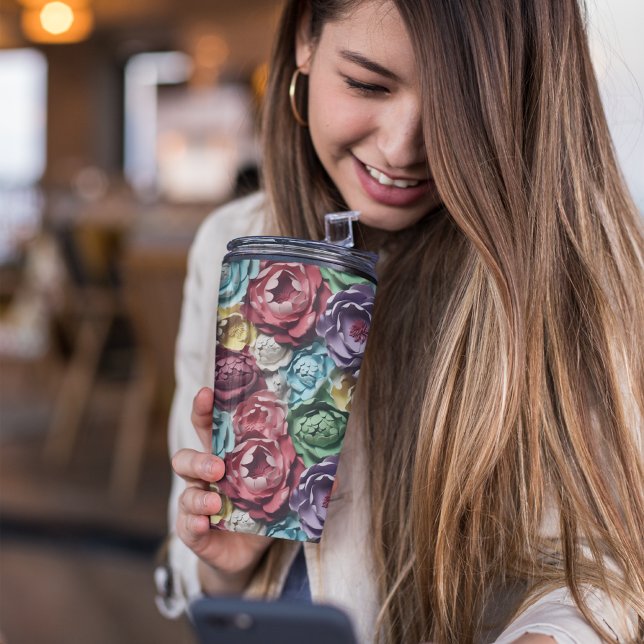 Termo Floral botánica 3D rosa y azul (3D Pink and Blue botanical Floral Thermal Tumbler)