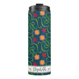 Termo Floral Damask Sunflower Boho Navy Arte Folclórico 