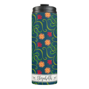 Termo Floral Damask Sunflower Boho Navy Arte Folclórico