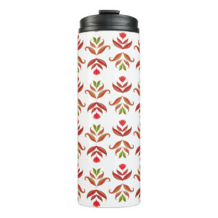 Termo Floral de arte folclórico blanco y marrón elegante