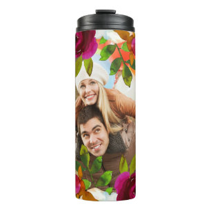 Termo Floral de boho morado brillante y plumas con foto