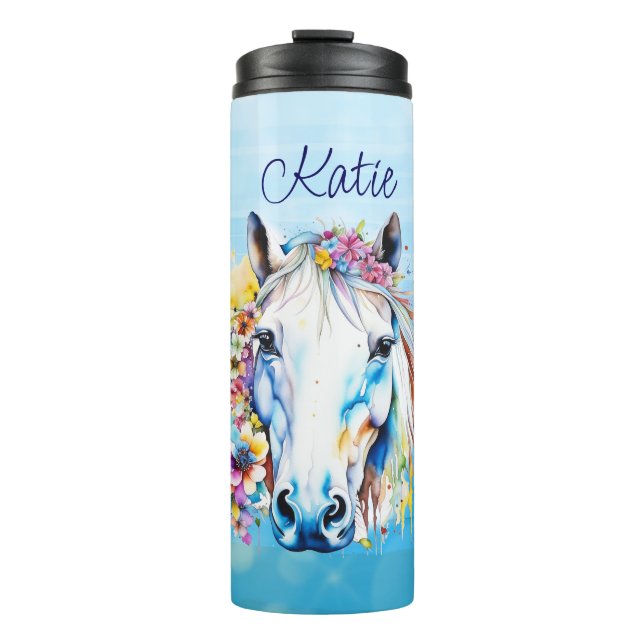 Termo Floral de caballo blanco de bonito personalizada (Anverso)