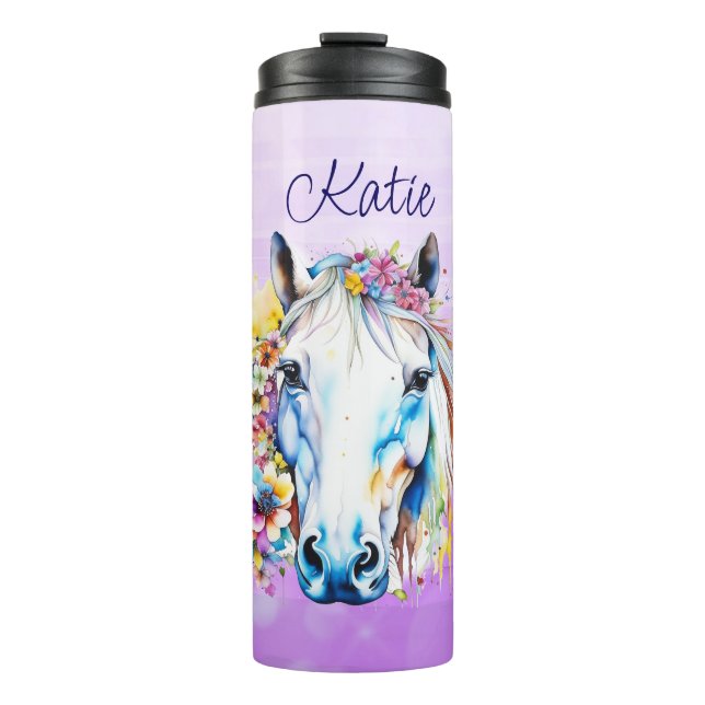 Termo Floral de caballo blanco de bonito personalizada (Anverso)