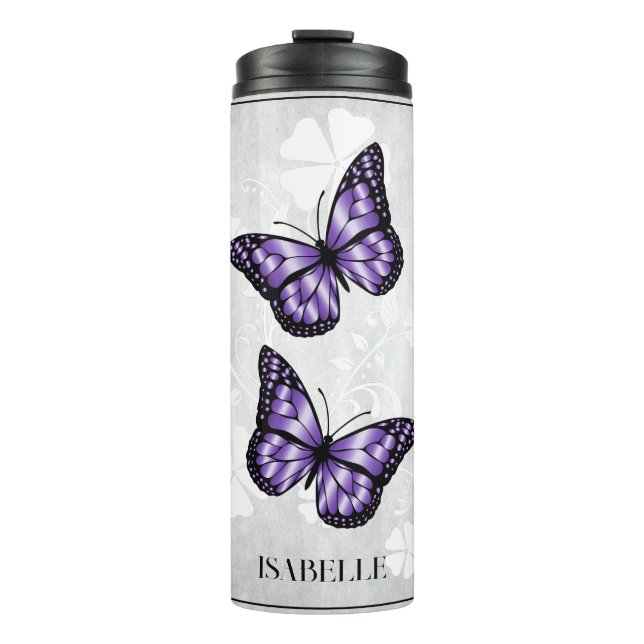 Termo Floral de mariposa morada personalizada (Anverso)