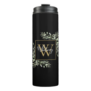 Termo Floral de monograma negro de oro personalizado