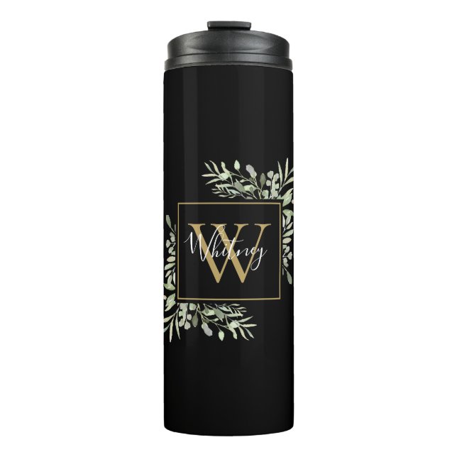 Termo Floral de monograma negro de oro personalizado (Anverso)