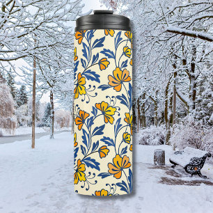 Termo Floral Folk Azul de Hoja Naranja Amarillo Vintage