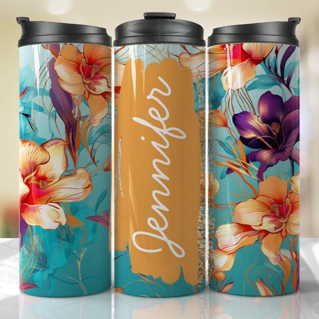 Termo Floral Orquídea Brillante Añadir Nombre Personaliz (Floral Personalized Tumbler)