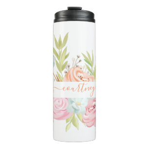 Termo Floral personalizado con acuarela naranja y rosa