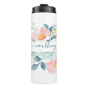 Termo Floral personalizado con acuarela rosa y naranja