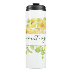 Termo Floral personalizado de acuarela amarilla