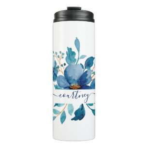 Termo Floral personalizado de acuarela azul brillante 