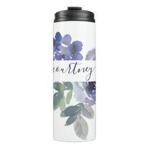 Termo Floral personalizado de acuarela azul y verde