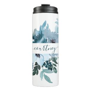Termo Floral personalizado de acuarela azul y verde azul