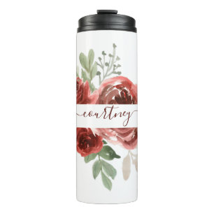 Termo Floral personalizado de acuarela rojo intenso 