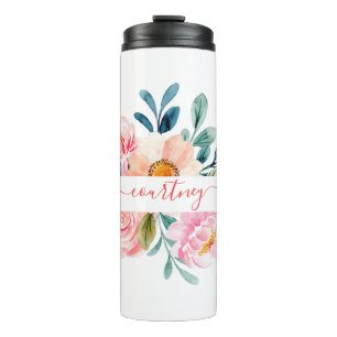 Termo Floral personalizado de acuarela rosa y naranja  