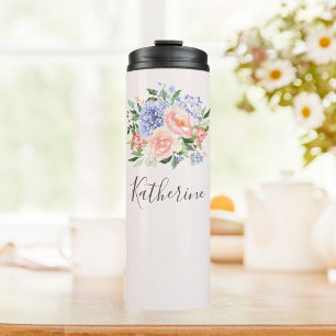 Termo Floral primaveral azul de acuarela con monograma