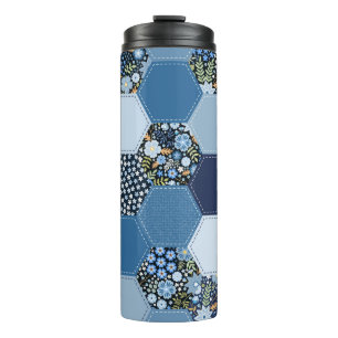 Termo Floral, retazos denim: patrón azul.