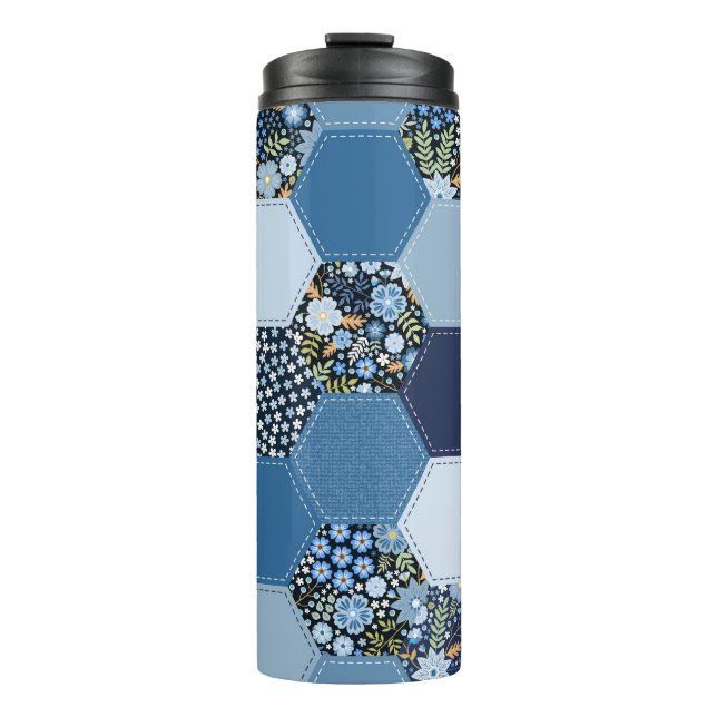 Termo Floral, retazos denim: patrón azul. (Anverso)