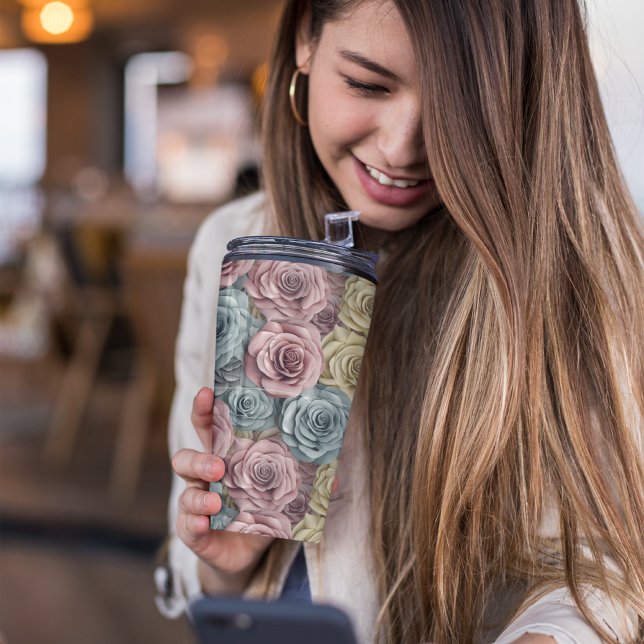Termo Floral rosa 3D (3D Pink Floral Thermal Tumbler)
