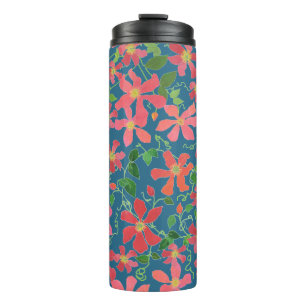 Termo Floral rosa, roja, Naranja clematis sobre azul pro