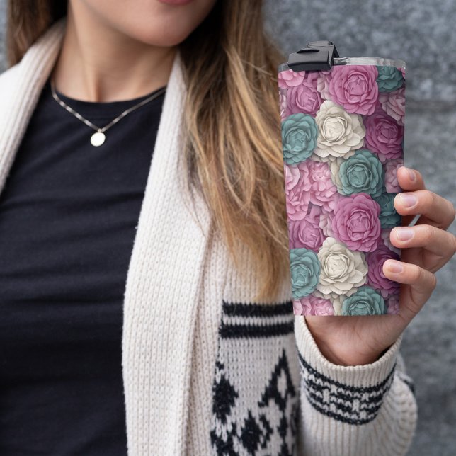 Termo Floral rosa y azul 3D (FLORAL PASTEL TUMBLER)