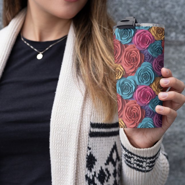 Termo Floral rosa y azul 3D (3D Pink and Blue Floral Thermal Tumbler)