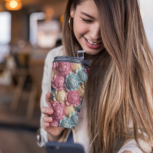 Termo Floral rosa y azul 3D (PINK FLORAL TUMBLER)