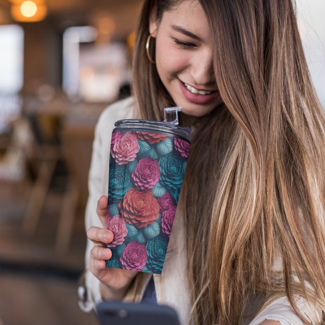 Termo Floral rosa y azul 3D (PINK FLORAL TUMBLER)