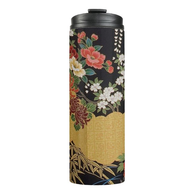 Termo Floral tradicional japonesa de kimono negro y dora (Anverso)