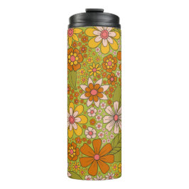 Termo Floral verde y Naranja de los años 1960 y 1970