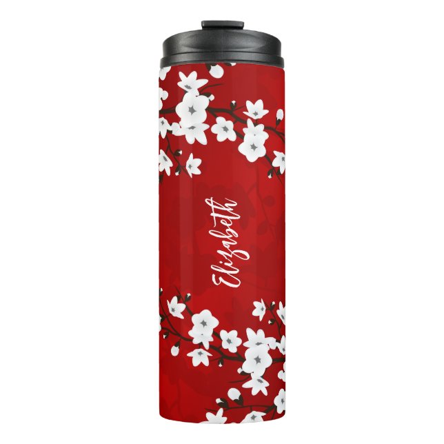 Termo Floral White Cherry Blossom Monograma Su Nombre (Anverso)