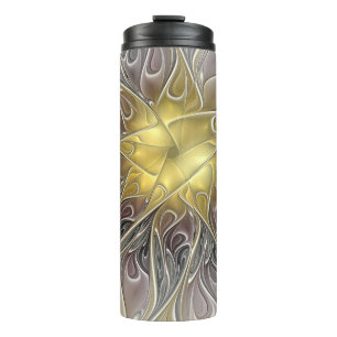 Termo Florecer con flor fractal abstracta moderna dorada