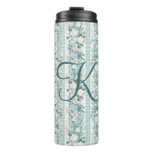 Termo Flores acuarela rosa y azul con gingham Monograma